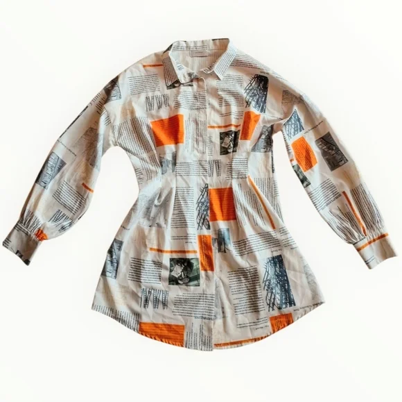 HALFHEART Shirt Dress Newspaper Print Button Down White Orange Gray LARGE - Picture 2 of 9